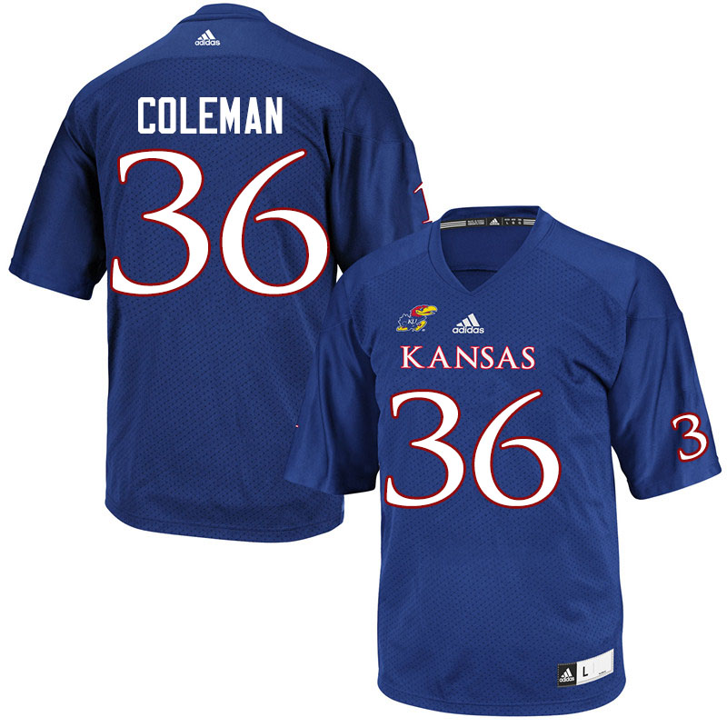 Men #36 Bryce Coleman Kansas Jayhawks College Football Jerseys Sale-Royal